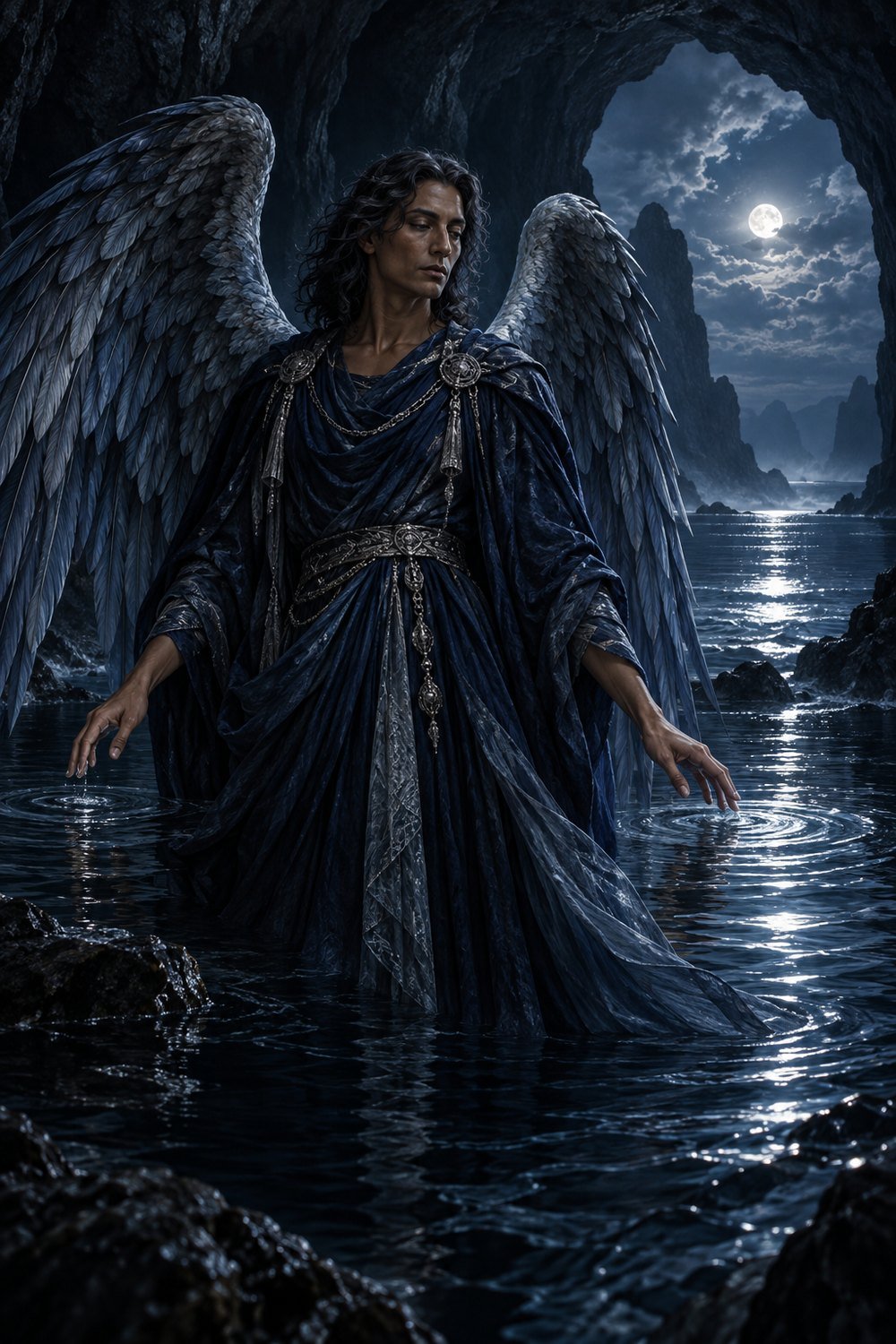 Ilustração contemporânea de uma figura angelical simbolizando o elemento Água