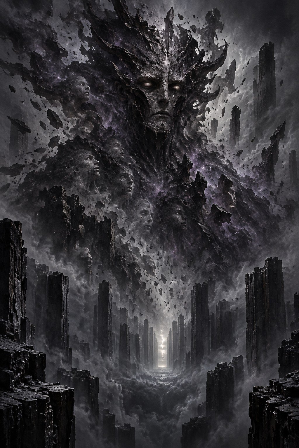 Choronzon como presença fragmentada de obsidiana e fumaça sobre o Abismo, em preto, prata e violeta.