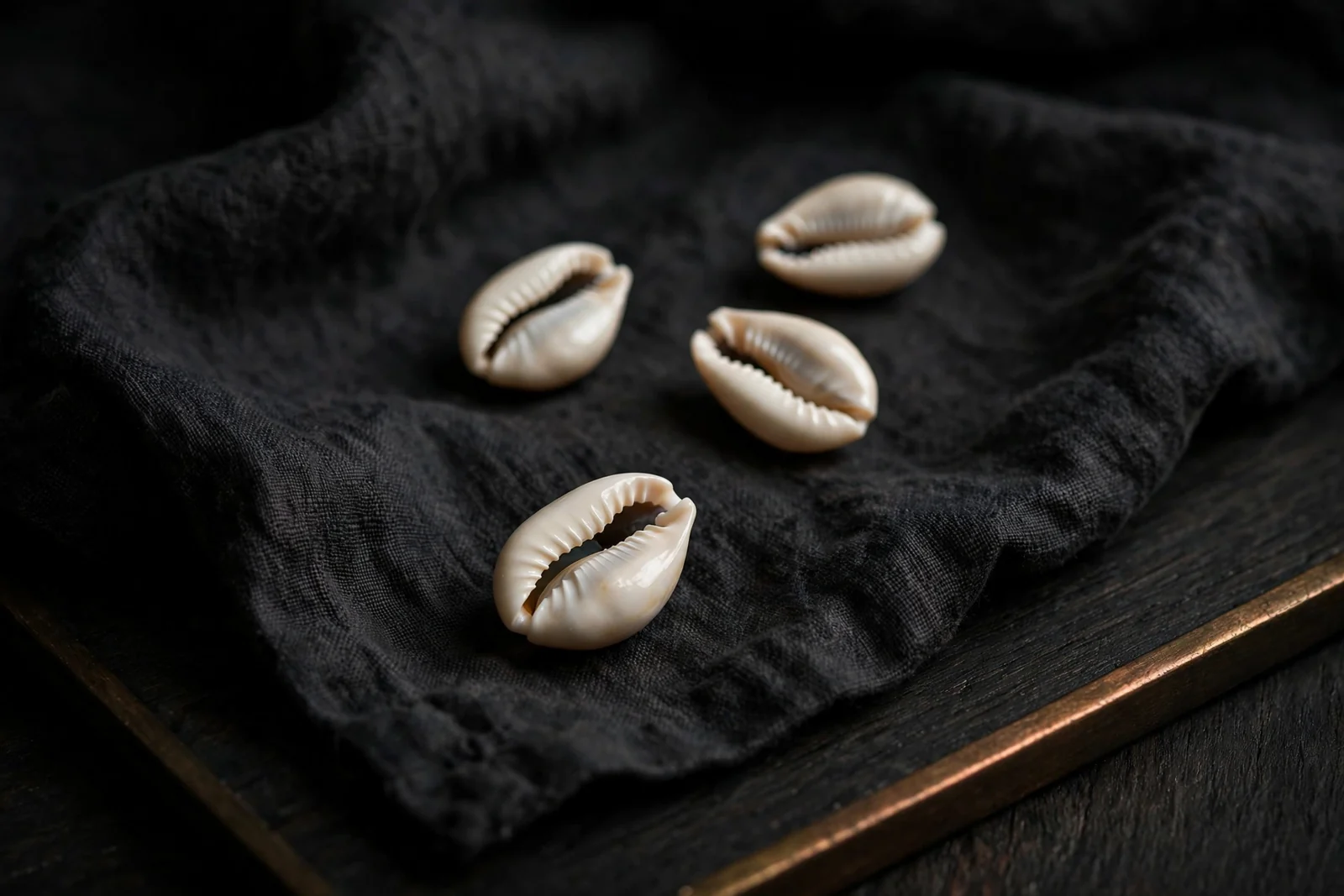 Quatro conchas de búzio sobre tecido escuro. Composição editorial gerada por IA.