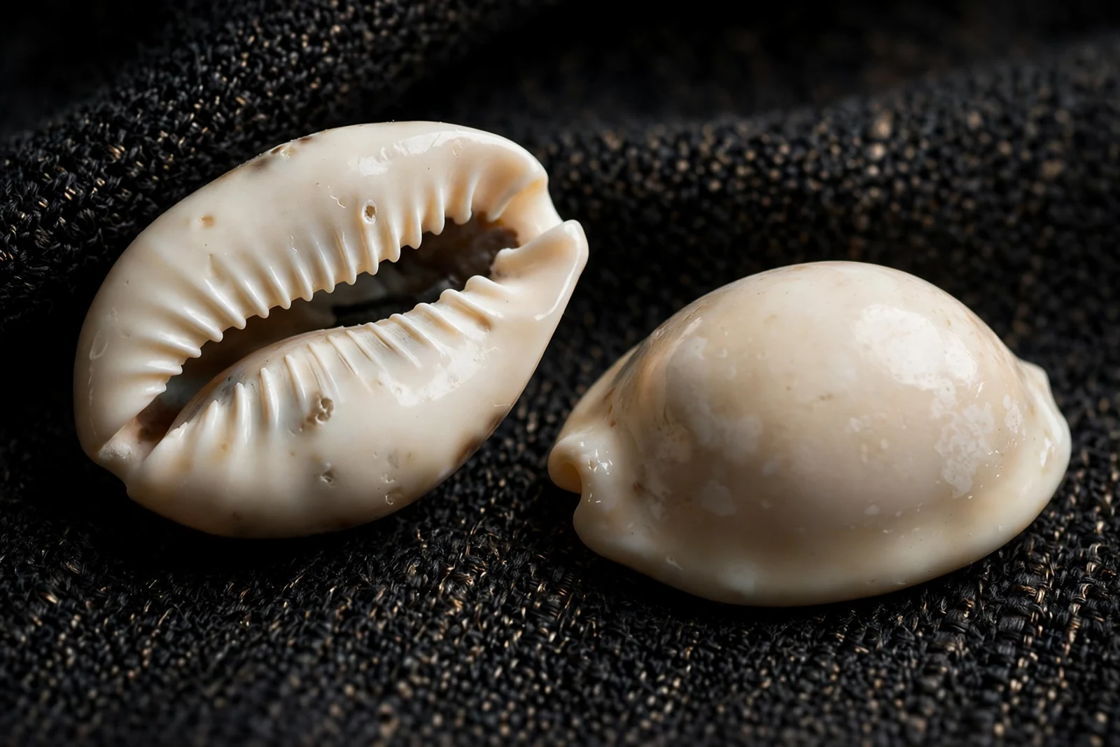 Duas conchas, uma com a fenda natural à vista e outra com o dorso visível. Ilustração gerada por IA.