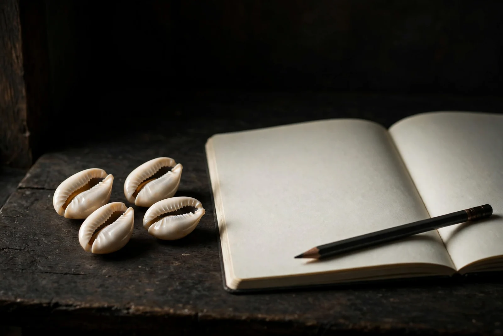 Búzios ao lado de um caderno sem anotações e de um lápis. Composição editorial gerada por IA.