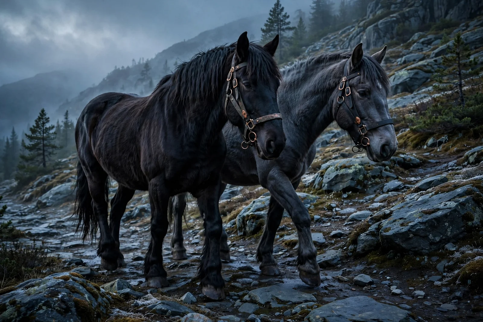 Dois cavalos seguindo juntos por uma trilha. Ilustração contemporânea gerada por IA.