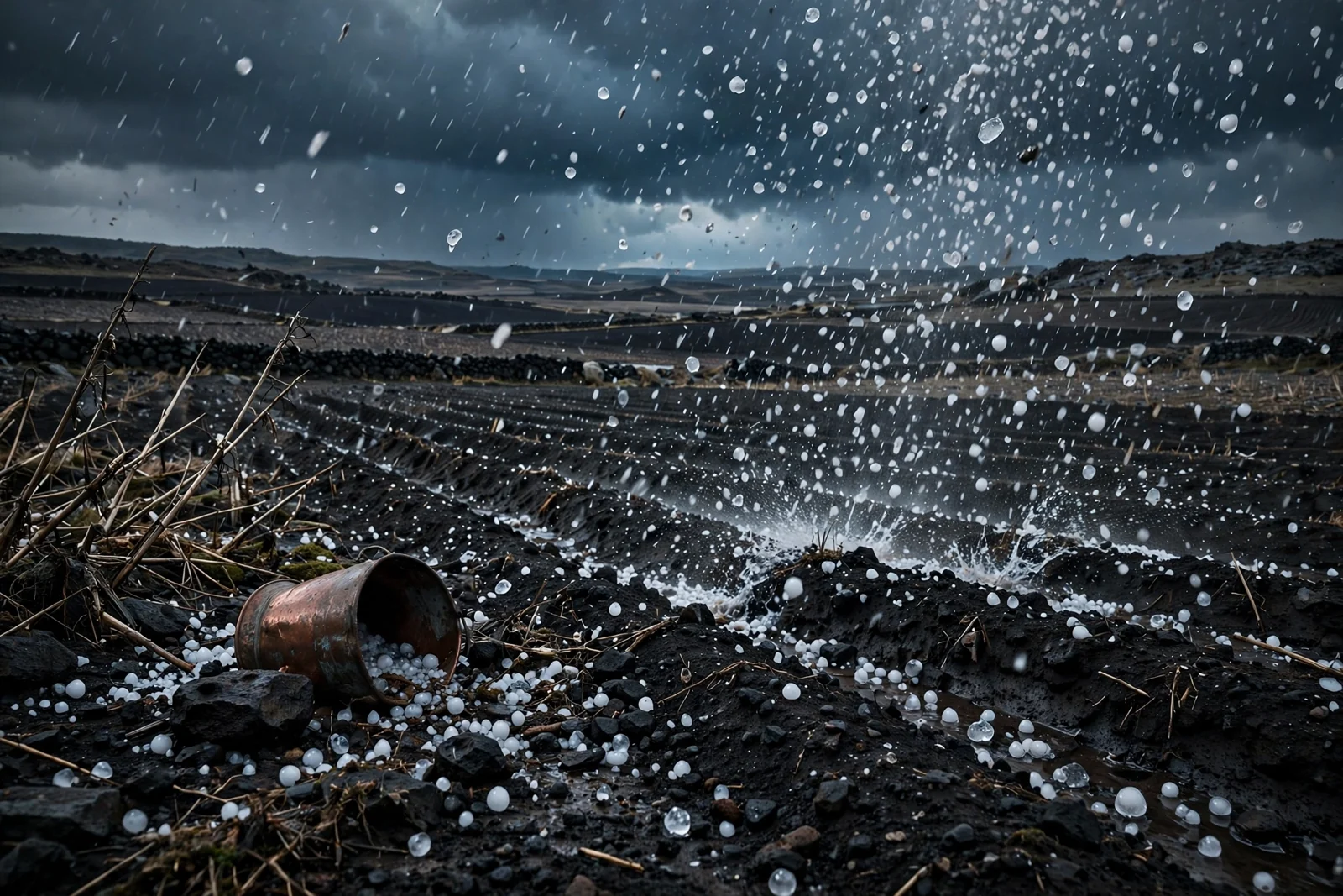 Granizo atingindo uma paisagem rochosa. Ilustração contemporânea gerada por IA.