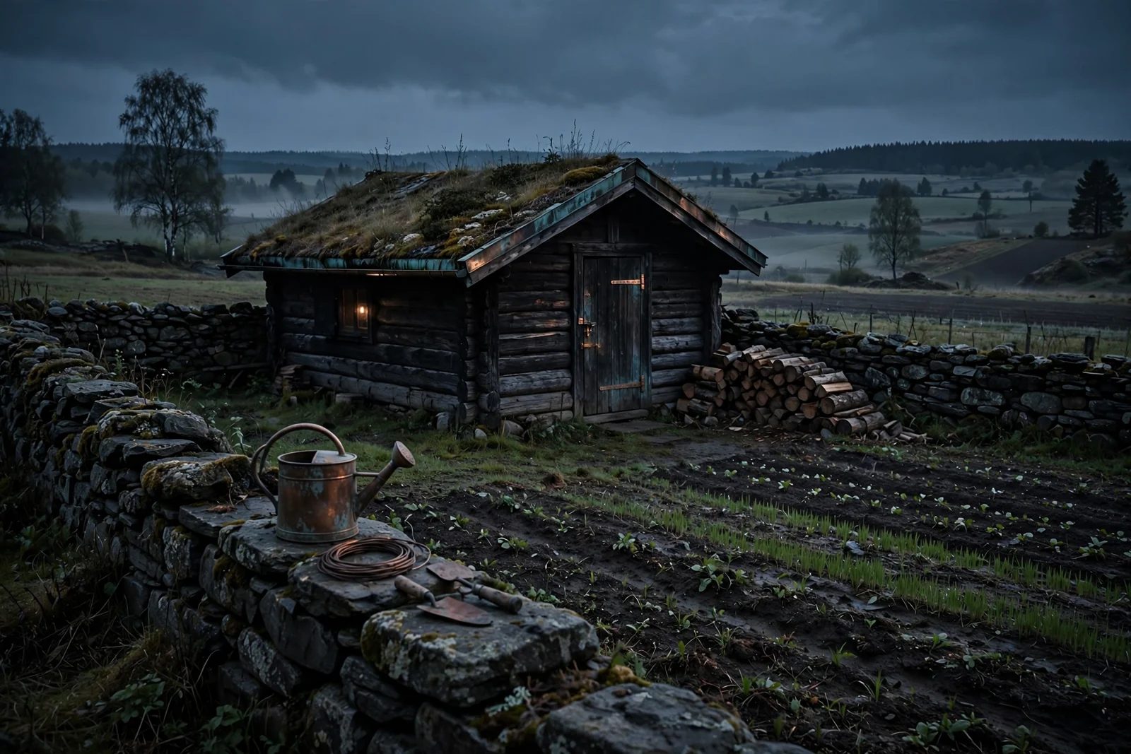 Casa de madeira, limites de pedra e terreno cultivado. Ilustração contemporânea gerada por IA.
